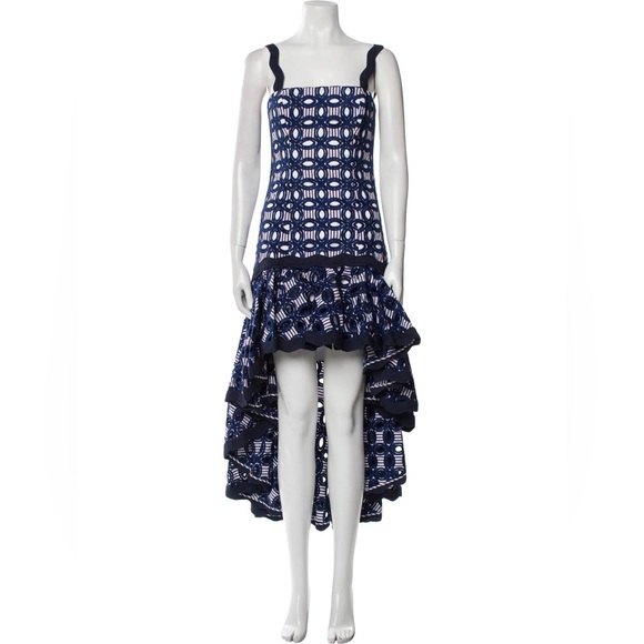 Alexis Navy and White Asymmetrical Dress with Embroidery - Picture 7 of 9
